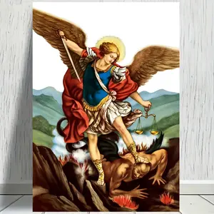 2D Flat Surface, Saint Michael the Archangel Canvas Print Modern Wall Art Decoration, Home Decor, Wooden Frame 12x18inch Poster, Red, Gold Dramatic Angel Illustration, Gift for Boys and Girls, Room Decoration, Decorative Poster with Vibrant Canvas P