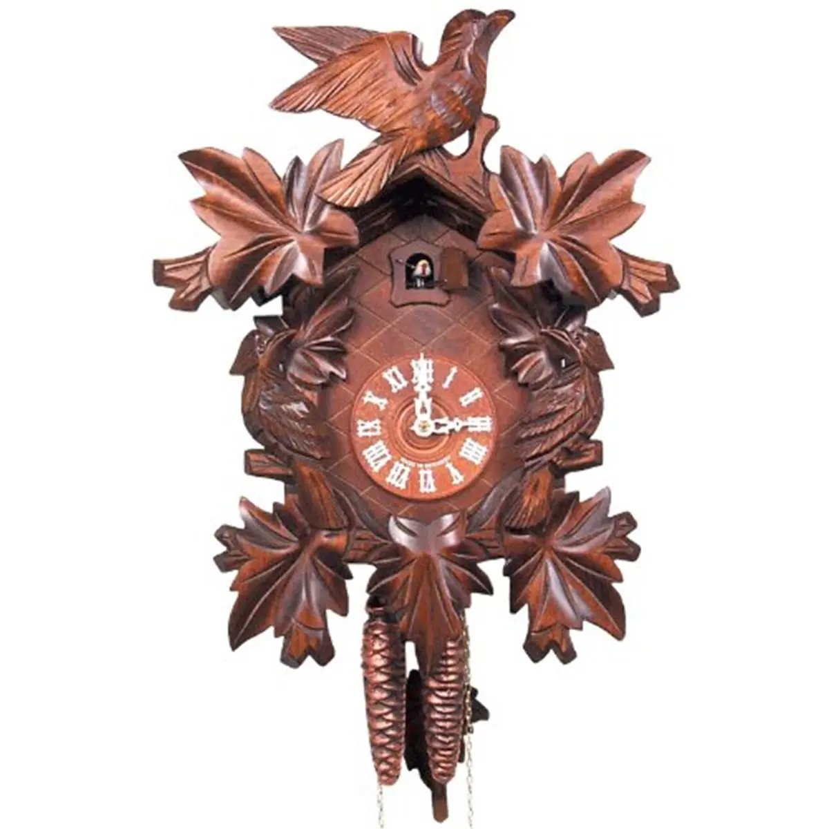 Engstler Traditional Weight-Driven Cuckoo Clock - Full-Size Basic Mechanical Style Analog Wall Clock with Chirping Bird & Gongs, Walnut Leaf Design Room Decor, Decorations for Room Accessory, Ideal Holiday Gift for Home Enthusiasts