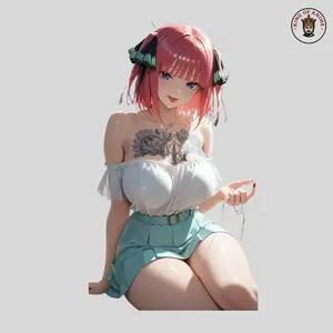 Off-Shoulder Ichika Waifu Sticker, Vinyl Sticker of Pink-Haired Girl with Chest Tattoo, Notebook and Laptop Decor