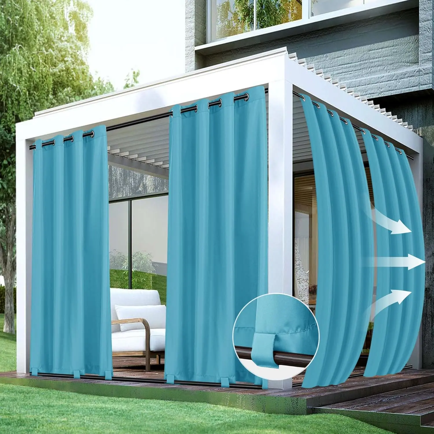 Patio Curtains Outdoor Waterproof 4 Panels 54x84 Inch Windproof Weatherproof Privacy Teal Outside Curtains Grommet Top and Tab Bottom Drape for Gazebo Porch Pergola Cabana Backyard