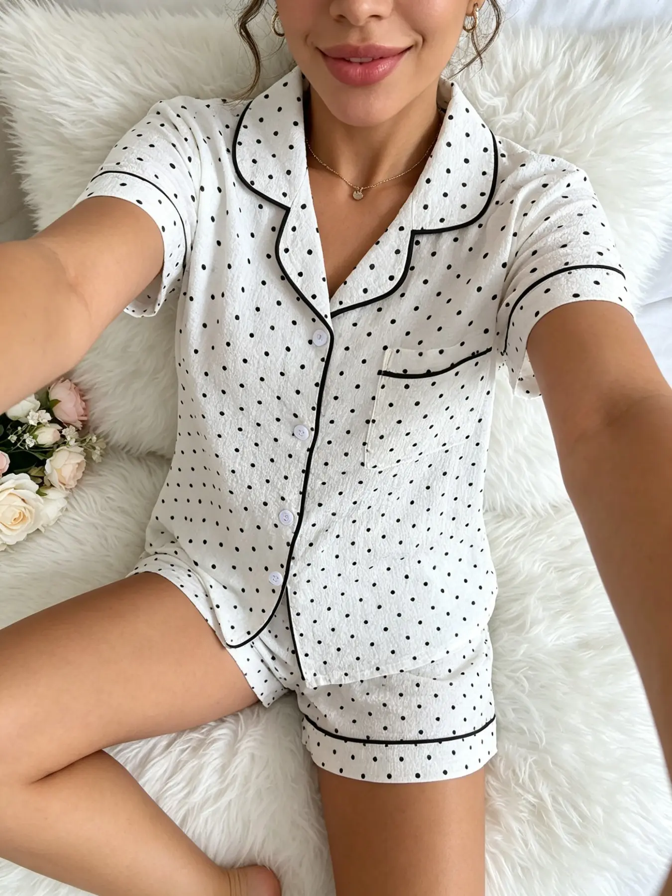 Women's Polka Dot Pajama Set, Lounge Pjs Set, Short Sleeve Shorts Two-Piece Loungewear, Comfortable All-Season Sleepwear, Cute Casual Chic Style