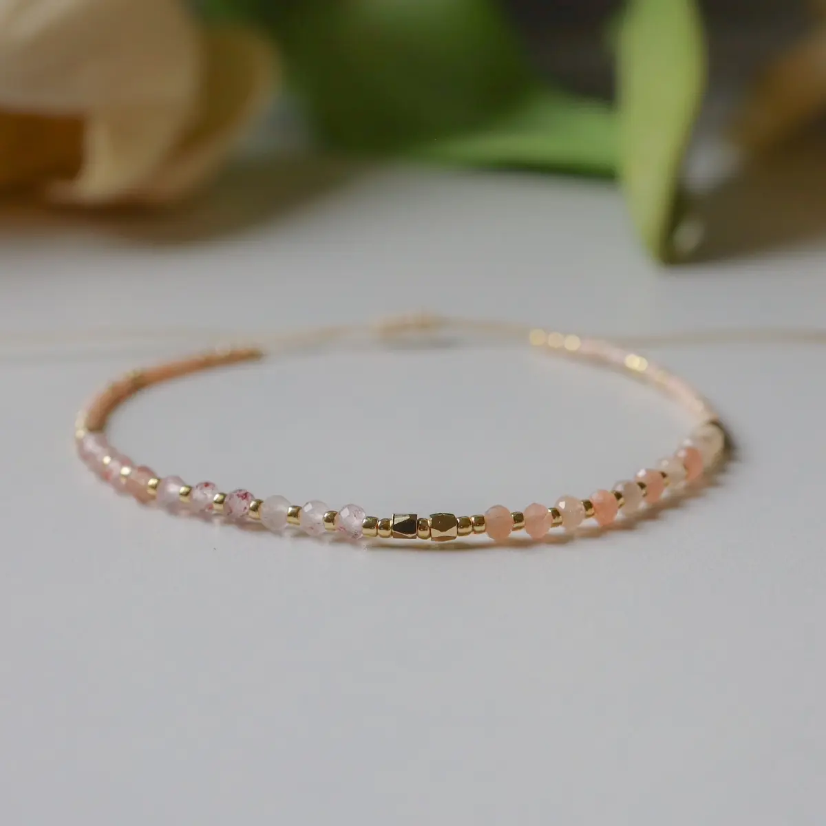 Minimalist Crystal bracelet Strawberry Quartz & Sunstone dainty crystal bracelet | dainty anklet | gift for friends | friendship bracelet | beaded bracelet | yoga bracelet | healing crystal | spiritual protection Birthday
