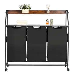 VEVOR 2 Tiers Laundry Sorter, Tall Laundry Hamper with Metal Frame and Wooden Tabletop, 3 Section Rolling Basket Organizer Storage with Ladder Shelves and 600D Oxford Cloth Bags for Dirty Clothes