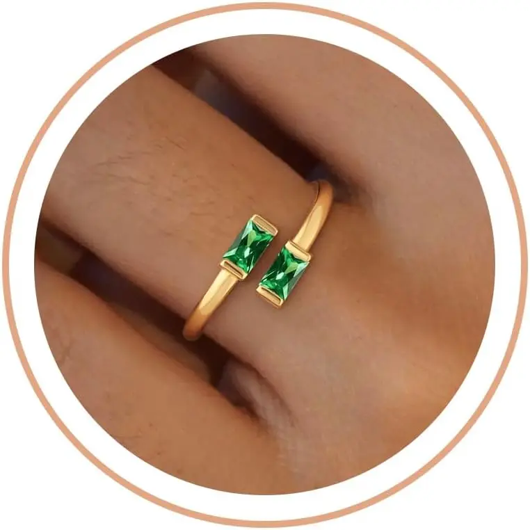 Mothers Day Gifts Gold Birthstone Rings for Women Non Tarnish 14K Gold Plated Adjustable Emerald Ring Cubic Zirconia Gemstone Promise Ring for Her Engagement Personalized Waterproof Jewelry Gifts for Birthday