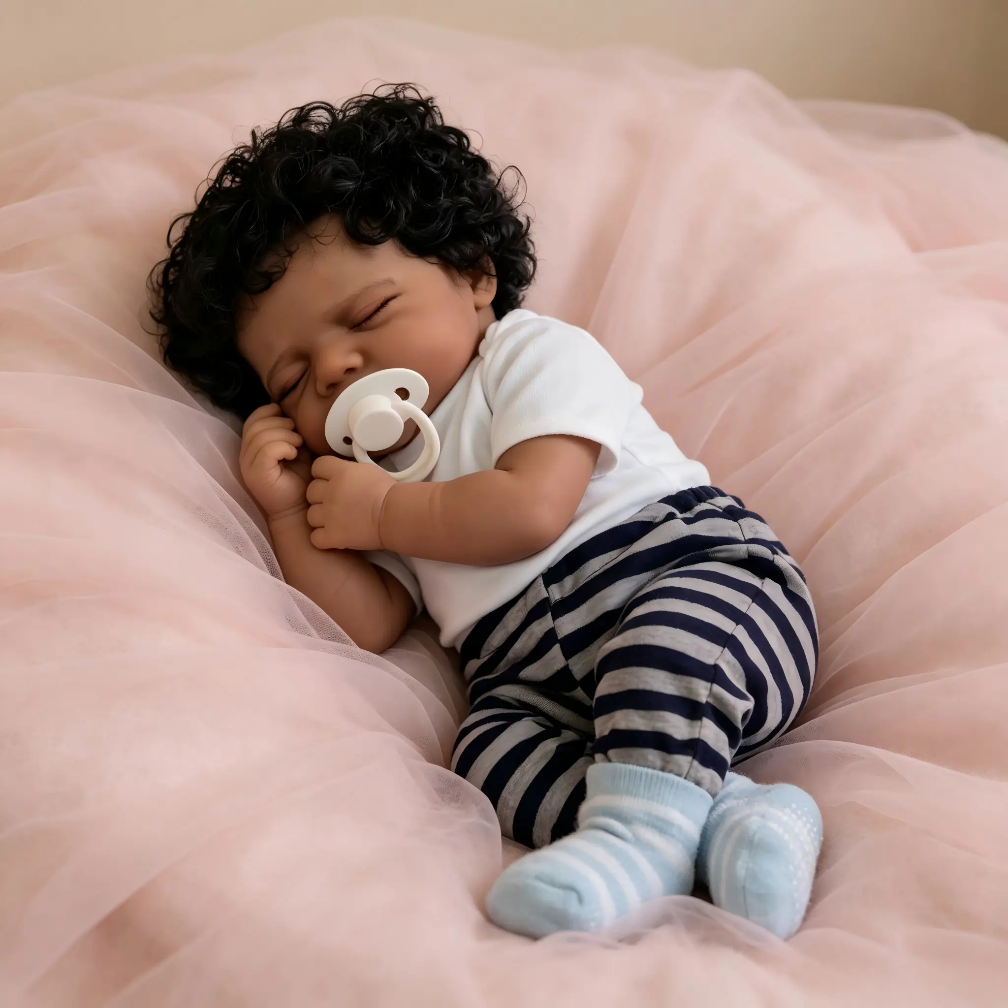 20-Inch African American Reborn Baby Doll - Newborn-Size, Curly Hair, Magnetic Pacifier, Striped Outfit, Premium Boxed Christmas Gift Set, Realistic Sleeping Doll with Authentic Features for Nurturing and Imaginative Play
