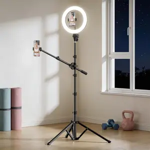 Tripod for iPhone with Light & Phone Holder - 10.5'' Ring Light with Stand - Second Arm with Overhead Phone, Fast-Adjust Bamboo-Flex Stand & Remote for Content Creators, Video Recording