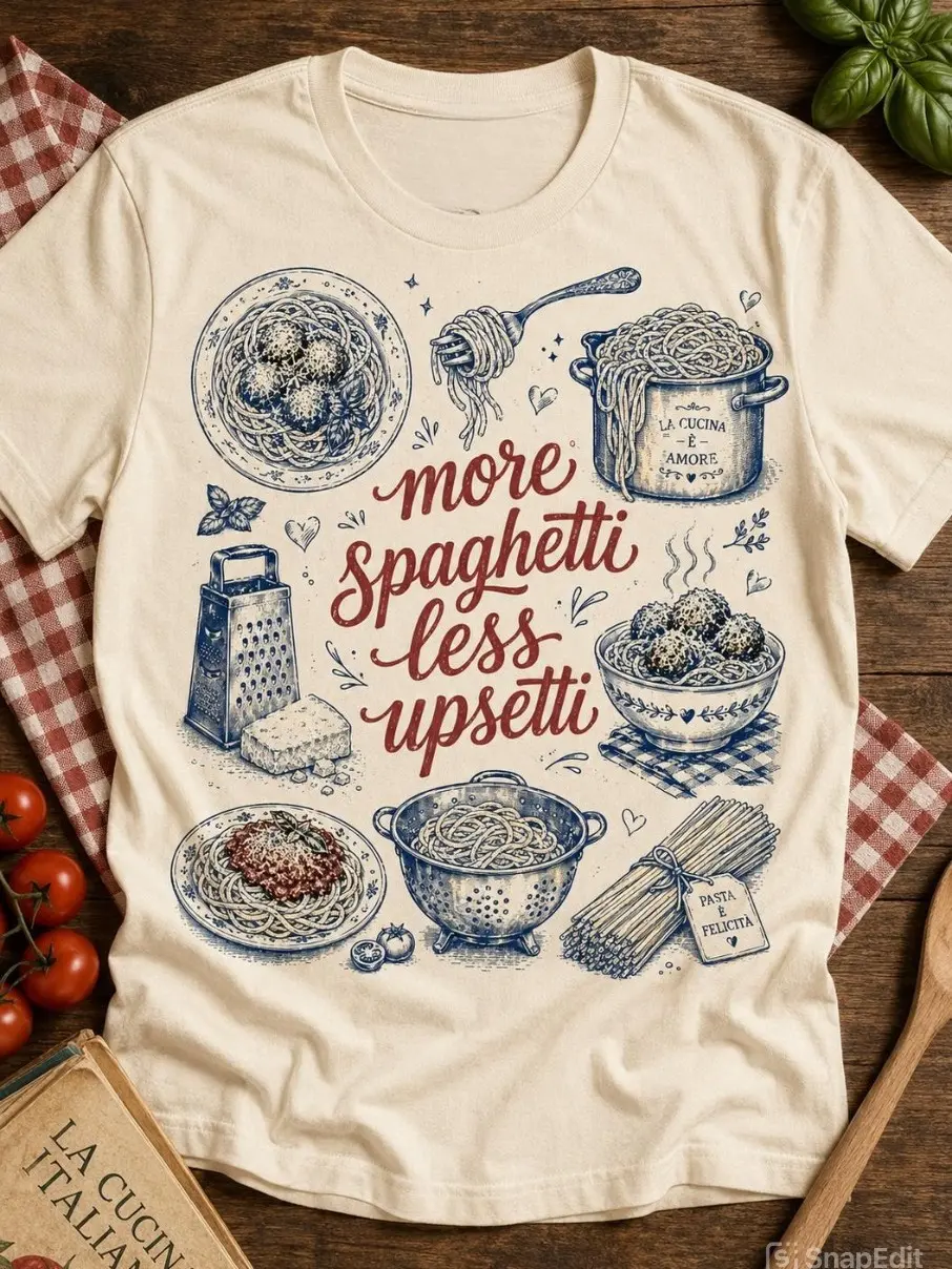 More Spaghetti Less Upsetti Comfort Colors T-Shirt, Funny Pasta Lover Graphic Tee, Cute Spaghetti Food Illustration Shirt, Unisex Casual Humor Tee, Gift for Pasta Fans