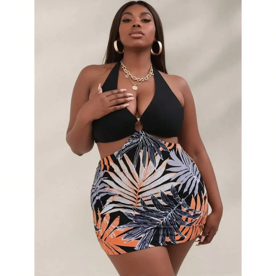 Women's Plus Size Swimsuits Halter Bikini Set - Black Bathing Suit with Cut-Outs, Tropical Leaf Print Shorts - Tankinis for Beach, Pool (14W-30W), Bathing Suit Women, Halter Bikini Women's Tankinis Set