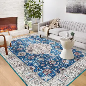 【GARVEE】8x10 Washable Area Rug in Blue - Bohemian Vintage Medallion Design, Large Foldable Traditional Floral Floor Cover for Living Room