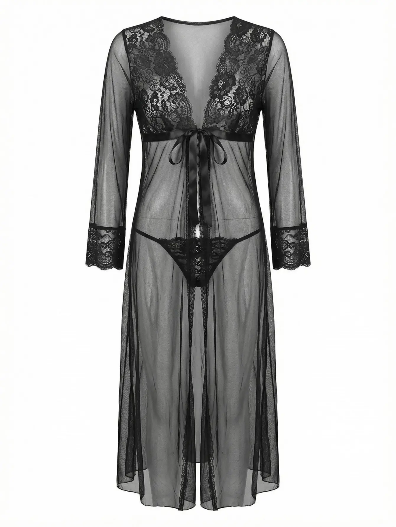 Women's Sexy Long Lace Kimono Robe - Long Sleeves, Deep V-Neck, Elastane Mix, Lace Details, All Seasons Mesh Chemise Gown & Swimsuit Cover Up