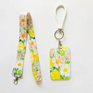 Oil Painting Floral Pattern Keychain Set, Shrimp Buckle Lanyard, Woven Key Ring, Card Holder, Sliding Design, Office & School Supplies