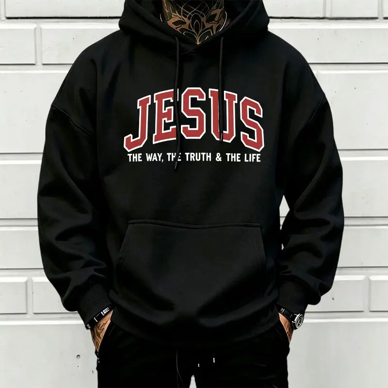Jesus The Way The Truth & The Life Graphic Hoodie, Casual Long Sleeve Pullover Hooded Sweatshirt With Front Pocket, Faith Inspired Streetwear Top