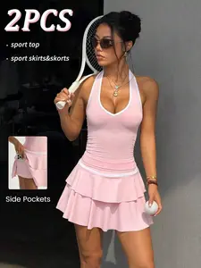 CORSETTI  2pcs Women's Spring/Summer Sports Set, Halter Neck Fitted Top With Contrast Trim, Colorblock Skirt With Shorts Lining And Pockets, Suitable For Fashion, Casual, Running, Yoga, Gym, Tennis, Golf