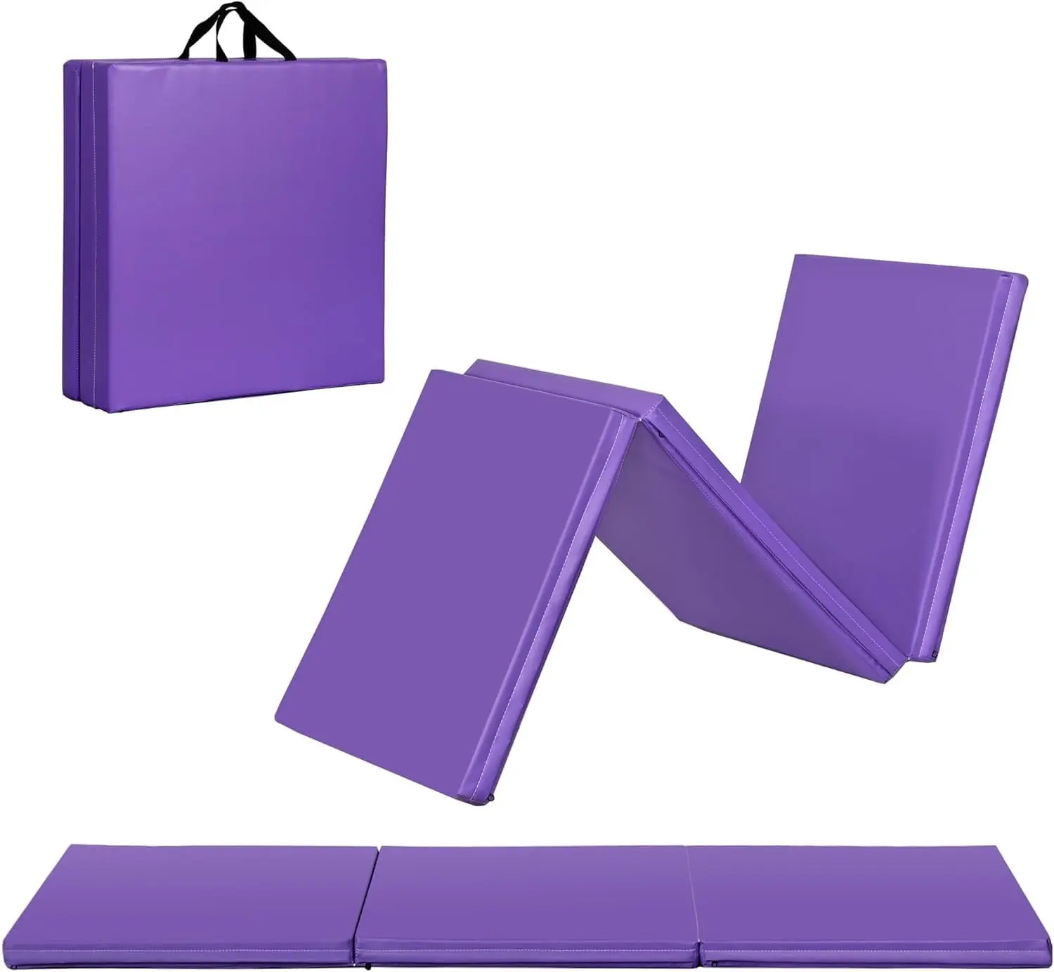 Segawe 6'x2'x2" PU Leather Yoga Mat - Anti-Slip High-Density Foam Yoga Equipment, Portable Foldable Tri-Fold Home Gym Accessory with Carrying Handles, Space-Saving for Home Use, Purple,summerwins
