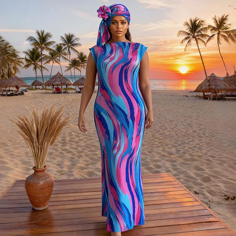 Women's Elegant Animal Print Long Dress Set, Slim-Fitting Muumuu Dress & Scarf, Beach Sun Protection Shawl, All Seasons Fashion