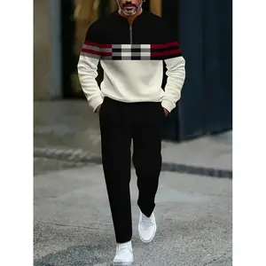 New two-piece European and American men's casual pants geometric pattern suit, the best men's clothing set