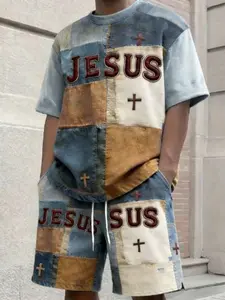 Men's Casual Summer, Contrast Color Denim Washed Print, Short Sleeve T-Shirt and Shorts Set, 2-Piece Ensemble for Warm Weather