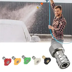 VAYWET Garden Hose to Mini Power Washer Adapter 3/4" GHT Female to 1/4" Quick Connect Female Socket, Convert Water Hose to Power Washer Connector, Stainless Steel (Connector +5 Nozzle Set)  for Car Wash, Outdoor Cleaning Nozzle Sprayer Attachments