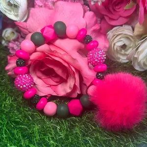 Watermelon vibes Wristlet Keychain color scheme green, pink and bling beads made with wire