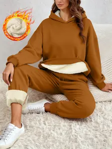 Women's Casual Sporty Hoodie Set, Thick Fleece Lined Pullover & Sweatpants, Fashionable Comfortable for Daily Wear, Hoodie Sweatsuit Set