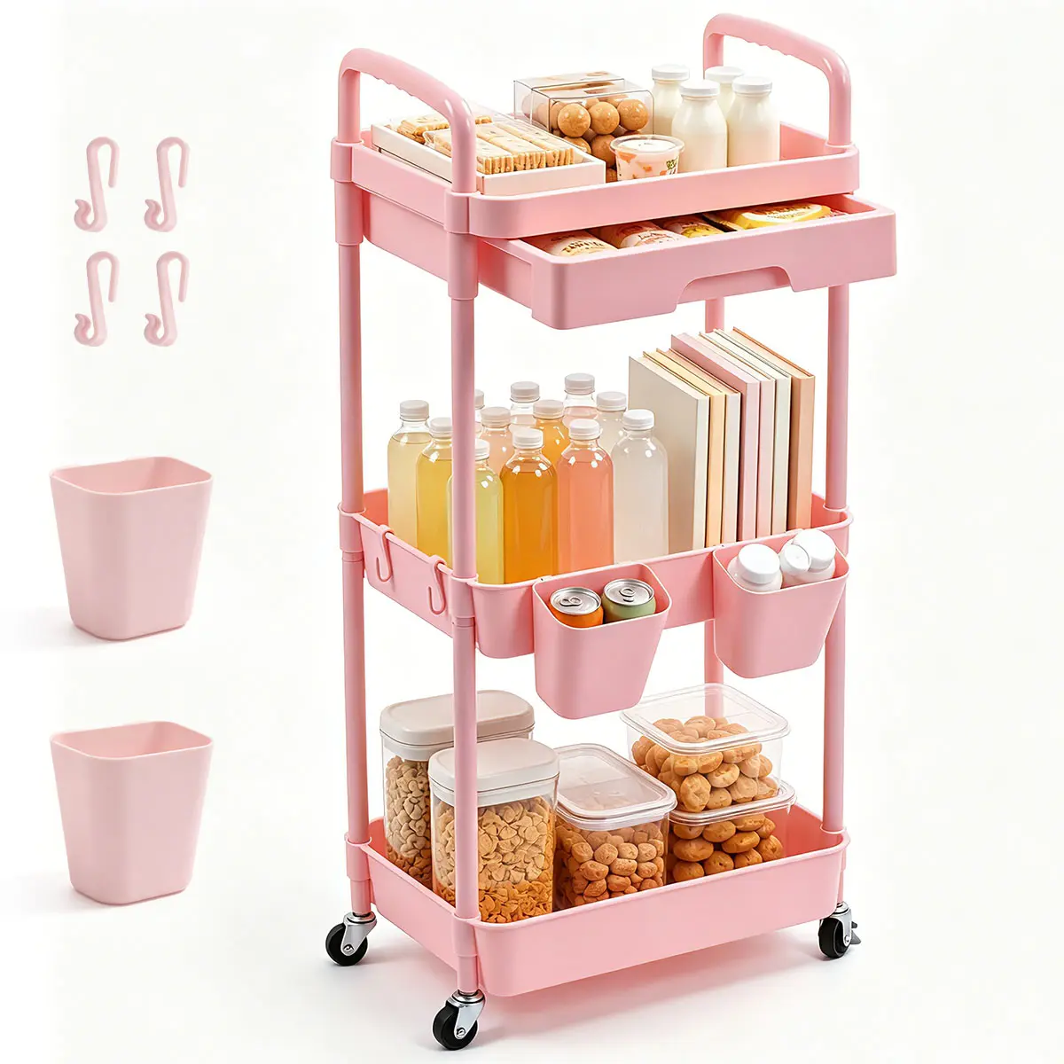 Upgrade 3 Tier Heavy Duty Pink Metal Rolling Cart with Drawer & Hanging Cups & Lockable Wheels, Multi-Purpose Three Tier Roller Book Snack Cart, Utility Storage Organizer Carts for Kitchen, Bathroom, Garage, Baby Diaper, Craft, Art, Teacher