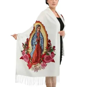 Women's Hooded Soft Blanket Shawl Wrap, Imitation Cashmere Virgen De Guadalupe Maria Print Tapestry with Elegant Roses Design for Evening Dresses