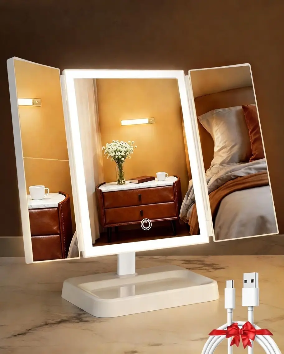 Trifold Makeup Mirror Vanity Mirror with Lights, 1X 2X 3X Magnification, Touch Control, Adjustable Rotation, Dual Power Supply, Portable Travel Cosmetic Mirror, Birthday Gifts for Women, Teengirls