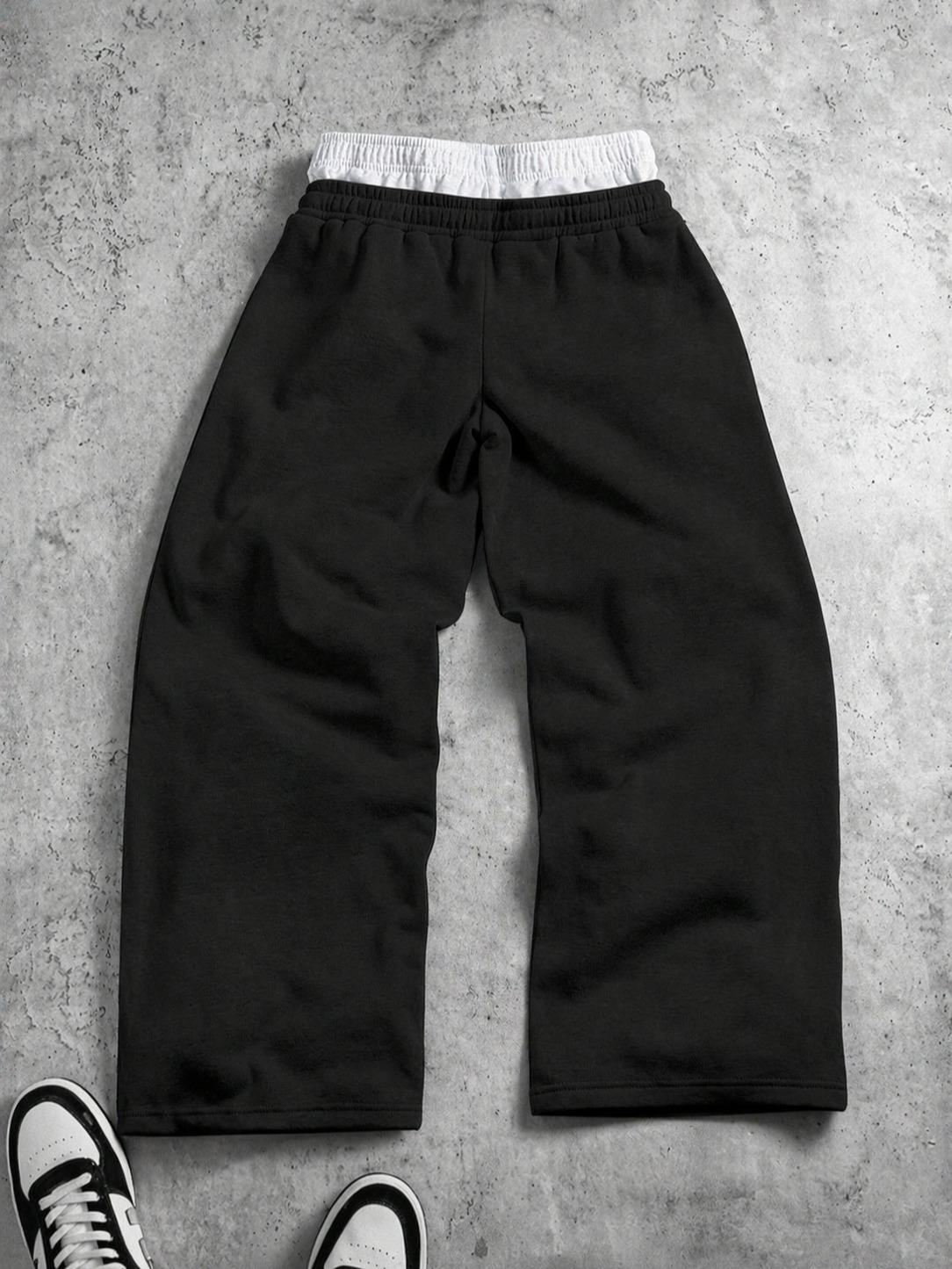 Two-pack unisex Y2K street style joggers, double-waist workout joggers featuring a star print faux two-piece design with contrasting double waistband detailing; loose, casual jogging pants for both men and women, perfect for creating fashionable looks, ve