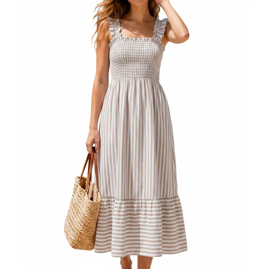 Chouyatou Women's Lady Chic Style Casual Wear Square-Neck Striped Maxi Dress - Stretchy, Loose-Fit, Sleeveless, Comfortable Pleated Summer Beach Dress, Resort Wear, Cotton Fabric, Pleated Detail, Elegant