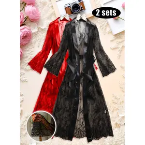 2PCS Women's Floral Lace Bathrobe & Belt Set, Sexy Elegant Transparent Lace Robe, Seductive Pajamas, Women's Sleepwear & Loungewear for All Seasons