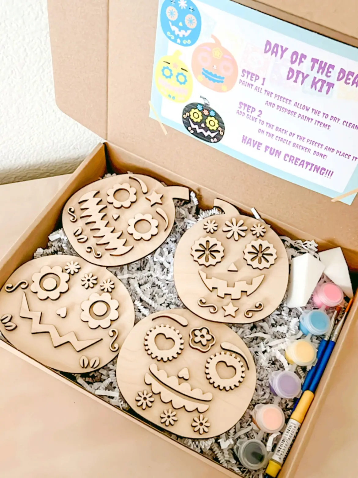 DIY Pumpkin Dia de Los Muertos Paint Set with 4 Pumpkins, Paint Brushes, Sponges, Paint Pod Set, and Glue Tube