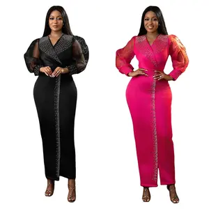 Women's Puff - Sleeve Wrap - Front Rhinestone - Embellished Maxi Dress