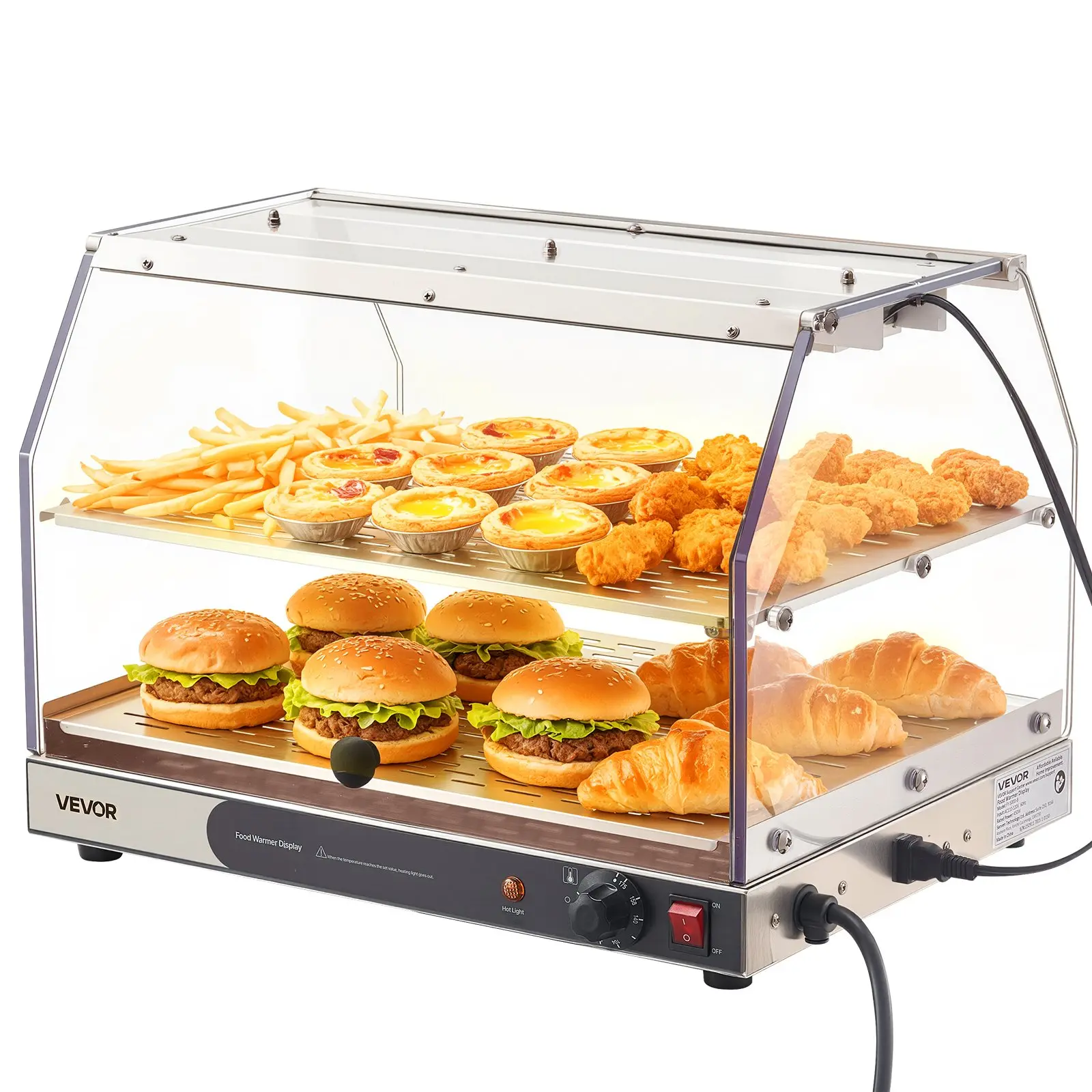 VEVOR 2-Tier Commercial Acrylic Food Warmer Display, 450W Air Heating (85℉-185℉) with Light, Detachable Shelves, Double-Sided Doors, 48L (20.67*16.93*14.57in, 28.66lbs/13kg) Lightweight Unit for Bakers' Hamburgers, Pizza