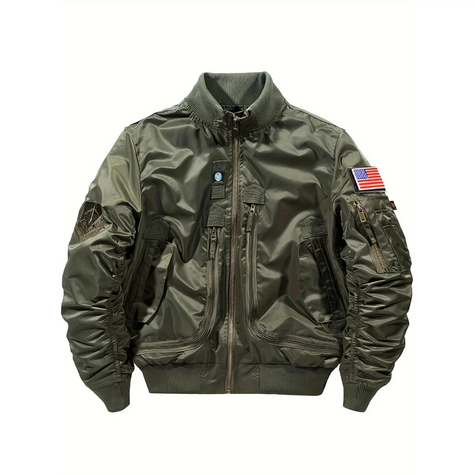Men's Solid Military Tactical Bomber Coat - Long Sleeve, Stand Collar, Button Front, Casual Loose Fit Top for Spring, Autumn Wear, XXL Menswear Jackets
