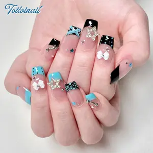 Noir Blue Handmade Press-On Nails | Medium Square Shape, 10pcs | Black Blue Bow Star Rhinestone Studs | Y2K Aesthetic | For Festival, Party, Streetwear | High Gloss | Reusable DIY Nail Art | Glossy Acrylic Nails