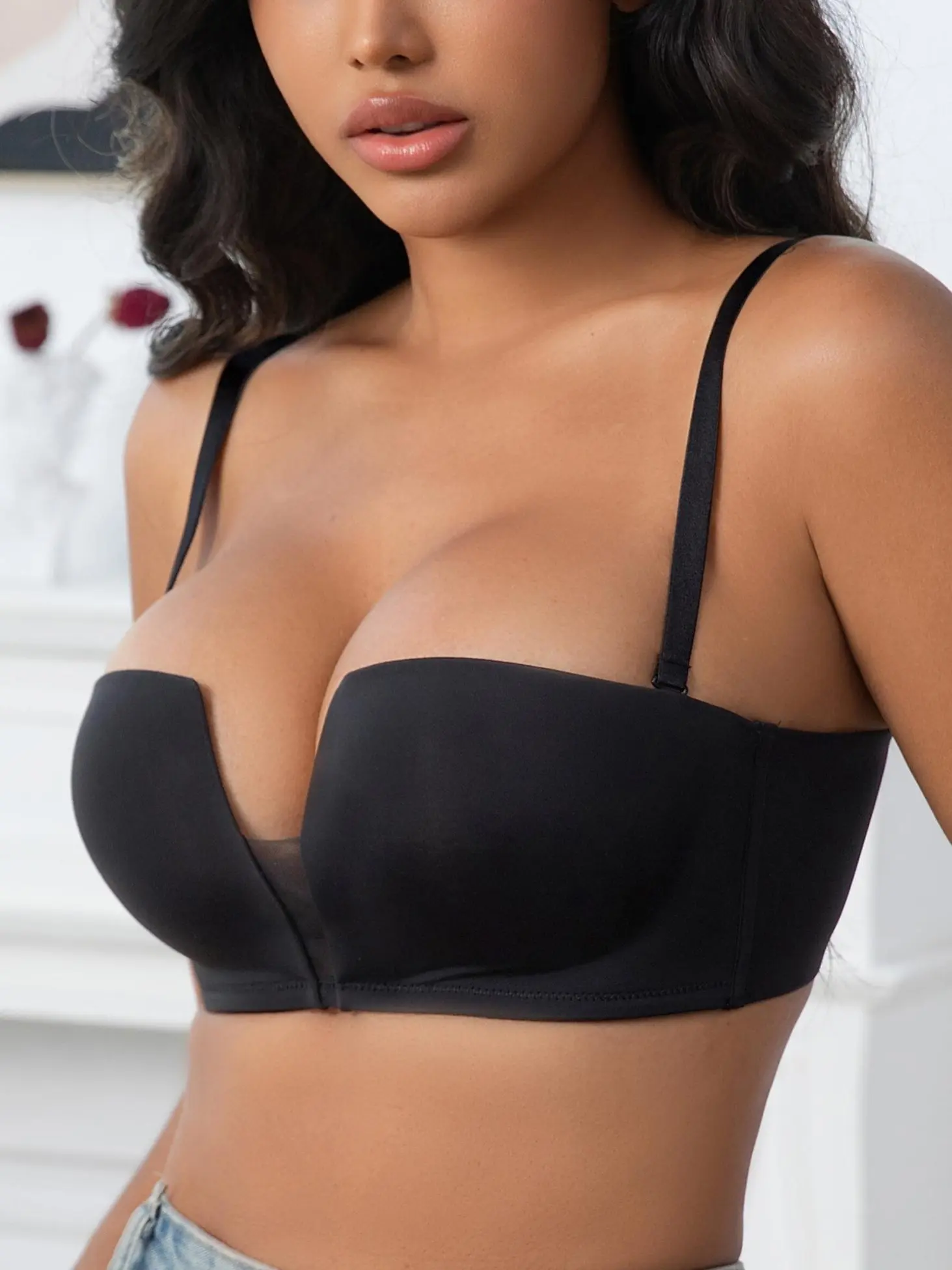 ANYIRIS Wireless Balconette Push Up Bras for Women Add 1 Cup Size Seamless Demi Bra No Underwire Natural Lift Support Convertible Multiway Bras with Classic & Clear Straps for Square Neck Tops