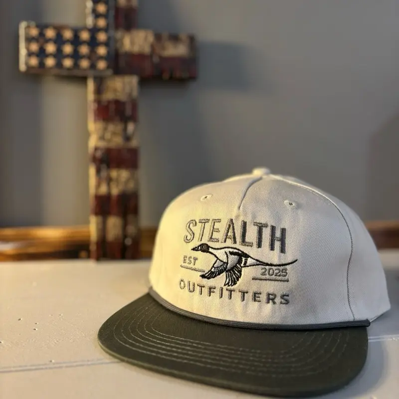 Stealth Outfitters grandpa style Snapback Hat - White with Olive Green Brim - Embroidered Duck Design