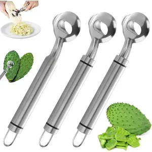 3 Pack Stainless Steel Cactus Peeler Spoon Multi-Function Cuchara Pelador de Nopales Sliced Chinese Noodle Cutter for Cooking Kitchen Gadgets Hanging Utensils