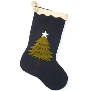 Tree on Navy Hand Felted Wool Christmas Stocking