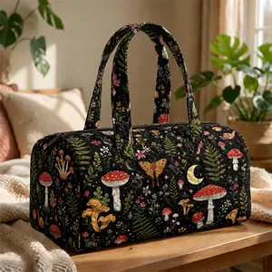 Quilted Weekender Bag for Women, Mushroom Floral Moon Print Large Capacity Overnight Duffel Tote with Zipper, Lightweight Travel Carryall for Vacation, Gym, Sleepover & Daily Use