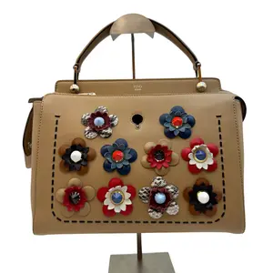 Pre-owned FENDI Floral Applique Beige Leather Satchel Top Handle Bag Luxury Designer Purse