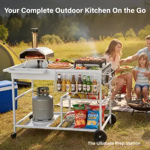 Silver color, Stainless steel tabletop, Mixing dish, Barbecue cart, 4 wheels, Barbecue vehicle