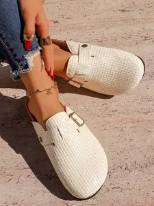 Women's Black Suede Buckle-Accent Clog Mules, Textured Design Clogs, Slip-On Round-Toe Backless Shoes, All-Season Casual Daily Footwear, Comfortable Lightweight Outdoor Walking Mules, Fashion Office School Shoes, Minimalist Flat Clogs