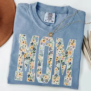 Floral Mama Graphic Tee | Comfort Colors Blue Jean Mom Shirt | Aesthetic Flower Alphabet Shirt | Mother's Day Gift Idea