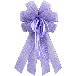 Large Purple Burlap Easter Wreath Bow, Spring Decorative Bow with String, 11.42 x 20.87 Inch