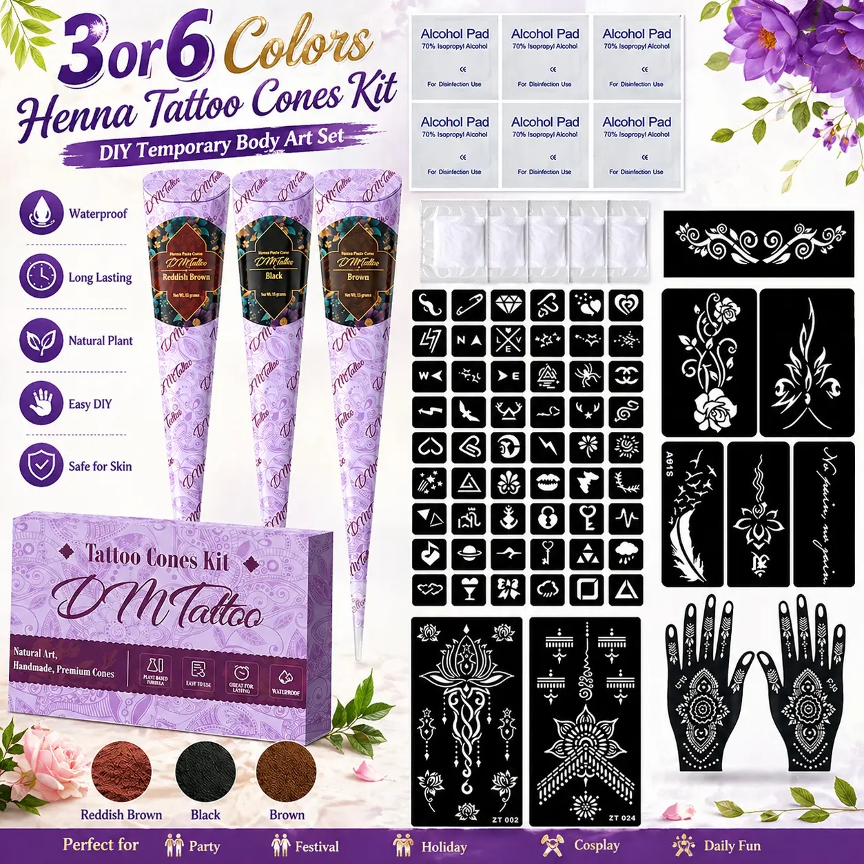 3/6 colors henna tattoo set with Henna Cones for Skin and DIY painting stencils, DIY Tattoos. Safe mild formula, natural waterproof temporary patterns. Ideal for creating stylish body art in parties and festivals.