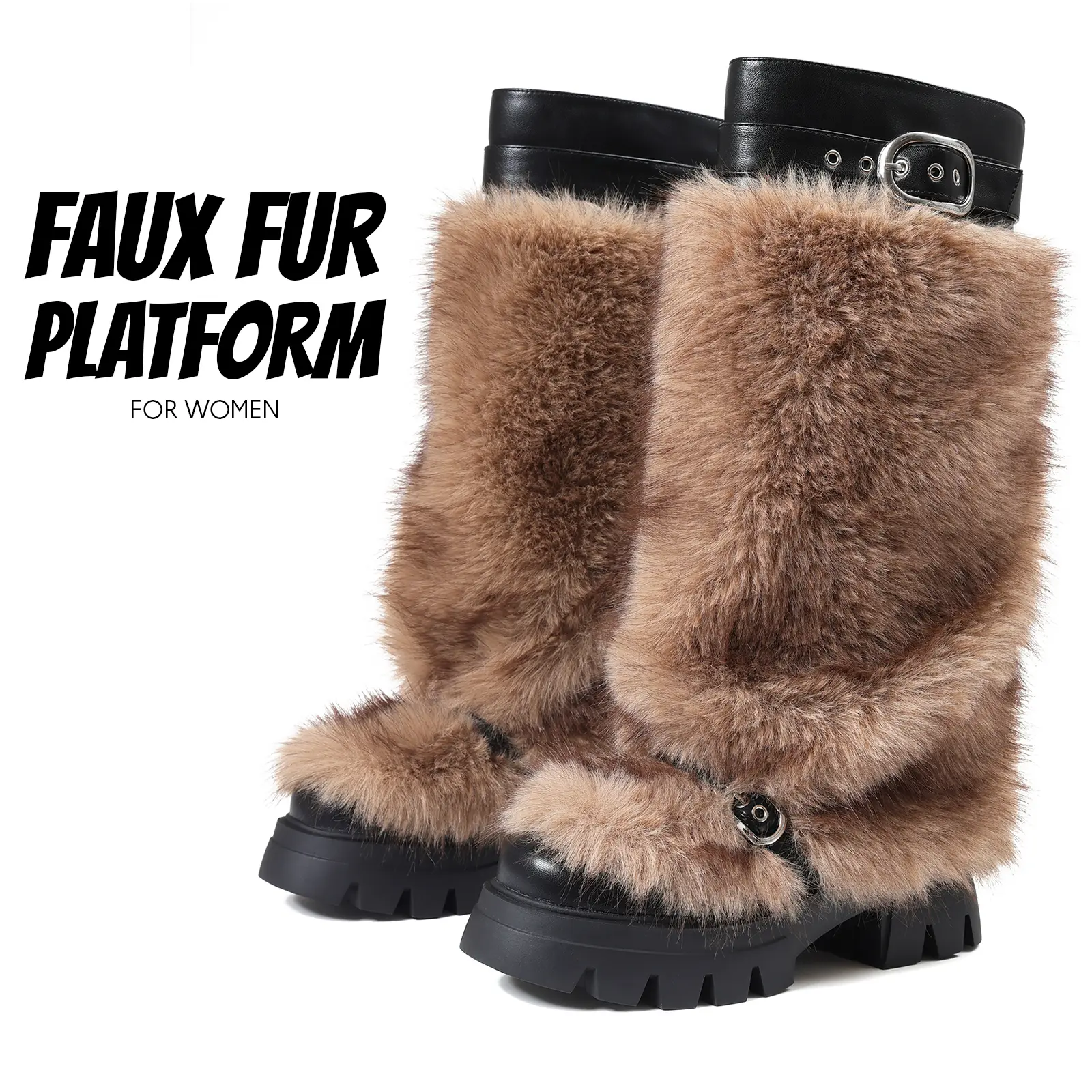 Womens Faux Fur Boots Y2K Fluffy Knee High Boot Round Toe Chunky Platform Heel Buckle Strap Comfy Easy Pull On Slouchy Booties Party Work Casual Gifts Dressy Warm Cozy Furry Winter Snow Shoes-Inspired by Mukluks