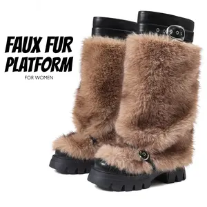 Womens Faux Fur Boots Y2K Fluffy Knee High Boot Round Toe Chunky Platform Heel Buckle Strap Comfy Easy Pull On Slouchy Booties Party Work Casual Gifts Dressy Warm Cozy Furry Winter Snow Shoes-Inspired by Mukluks
