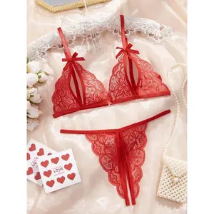 ??Plus Size?? Floral Lace Bra & Thong Sexy Lingerie Set, Solid Color Push Up Bra & Panty, Women's Underwear Set for Daily Wear