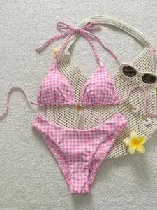 KULANI  Women's Sweet Pink Floral Print Reversible Halter Tie Sexy Bikini Swimsuit Set, Bikinis Set For Women